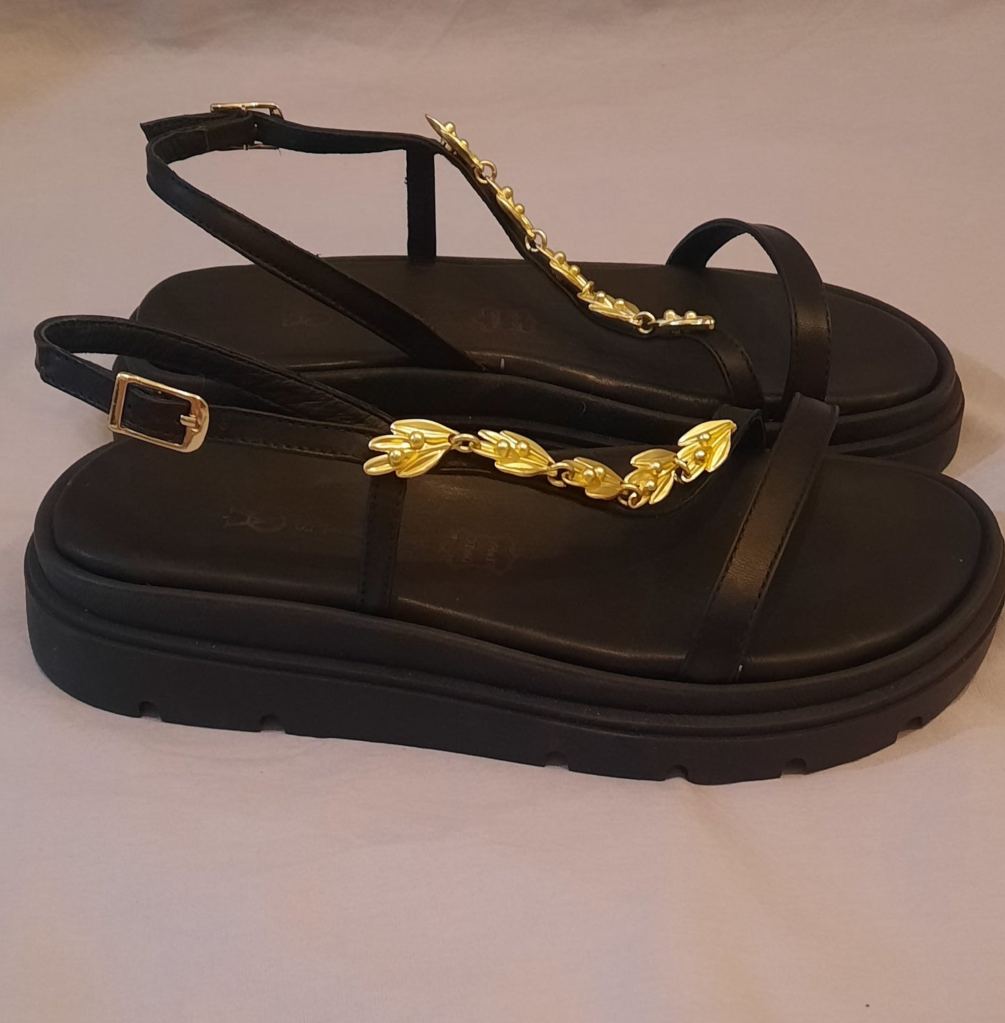 Black Leather Platform Sandals with Gold Leaf Chain – VCSTAFA “Lira”