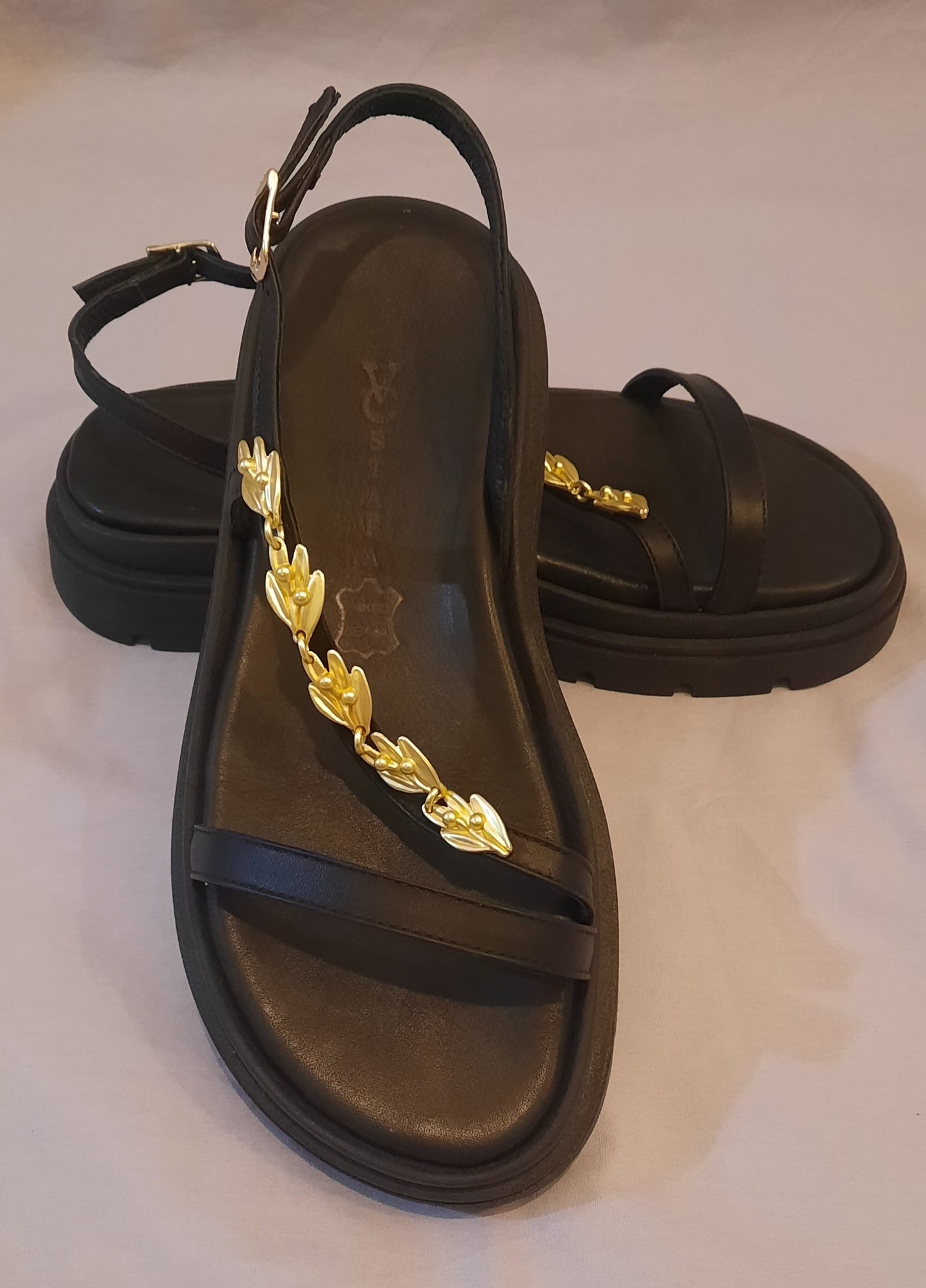 Black Leather Platform Sandals with Gold Leaf Chain – VCSTAFA “Lira”
