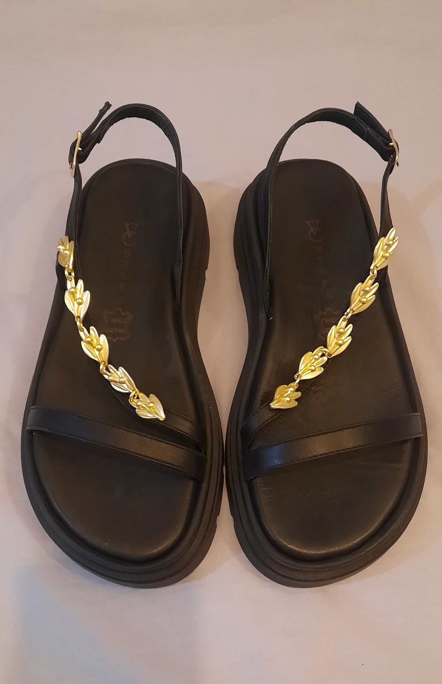 Black Leather Platform Sandals with Gold Leaf Chain – VCSTAFA “Lira”