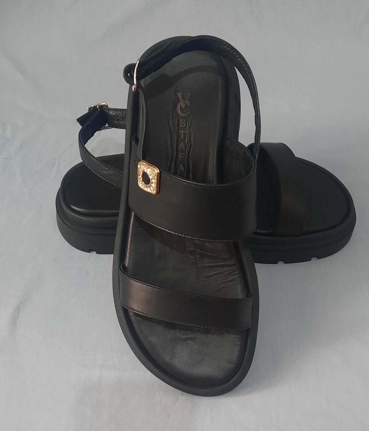 Black Leather Platform Sandals with Gold Leaf Chain – VCSTAFA “Lira”