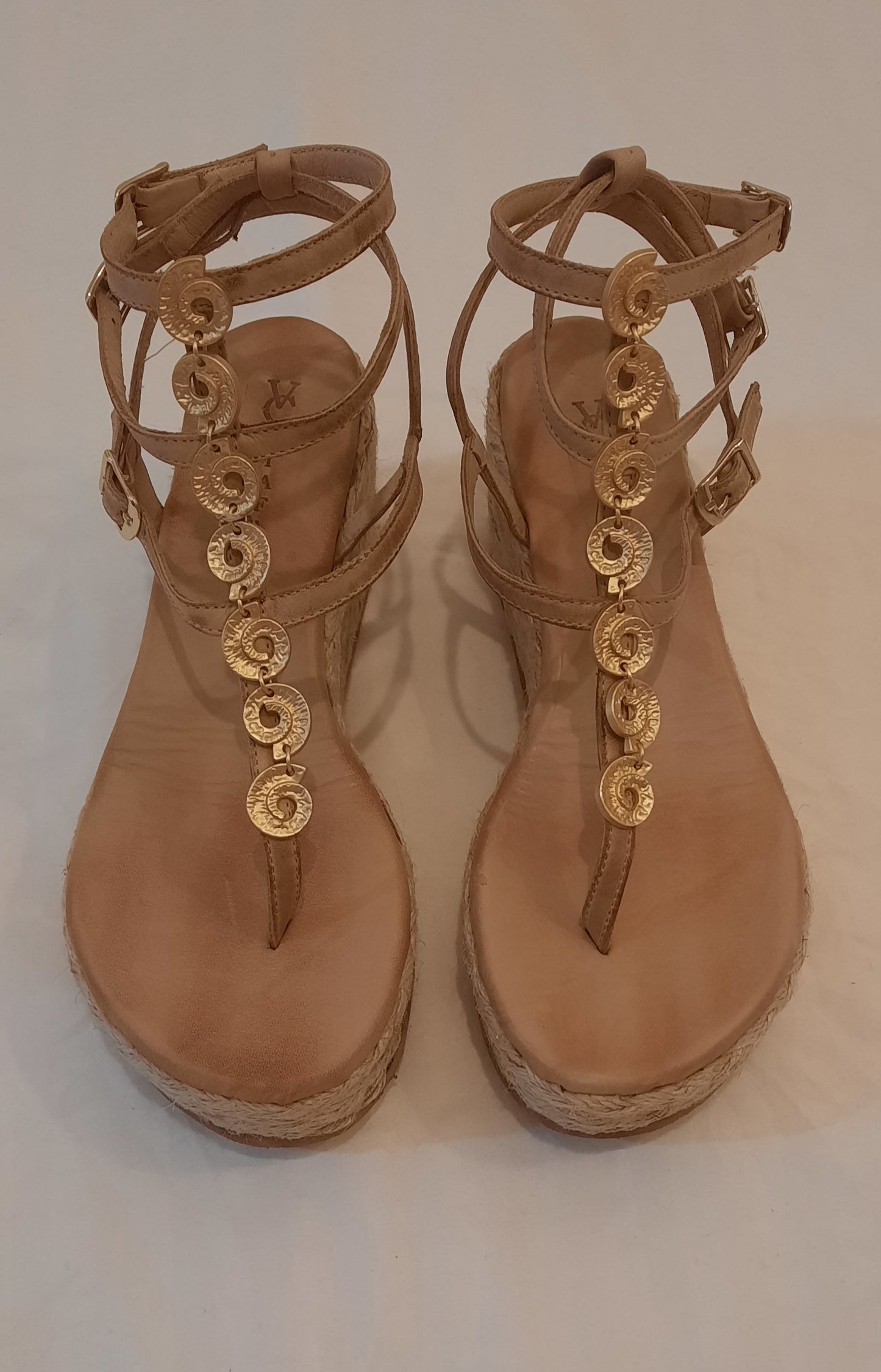 Beige Platform Leather Sandals – Handmade with Gold Spiral Detail