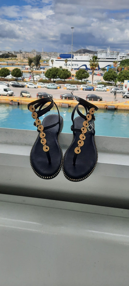 Aurelia – Handmade Black Leather Sandals with Antique Gold Coin Accents