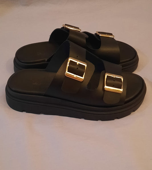 Black Leather Slides – Handmade Double-Strap Sandals with Gold Buckles