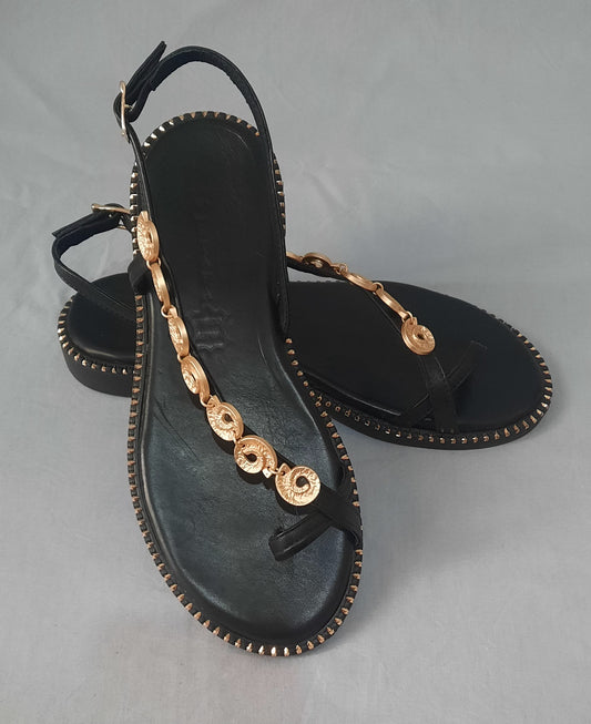 Black Leather Sandals with Gold Disc Embellishment – Handmade Greek Sandals "Athena's Shield"