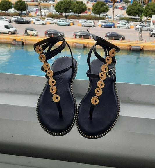 Black Handmade Leather Sandals – Golden Spiral Design