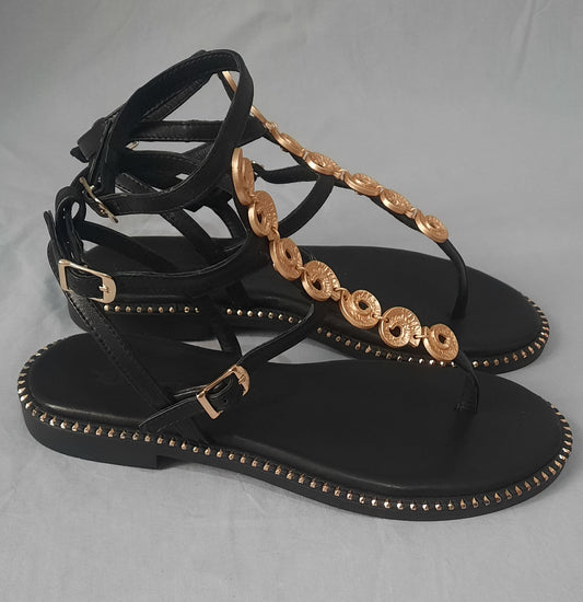 Aurelia – Handmade Black Leather Sandals with Antique Gold Coin Accents