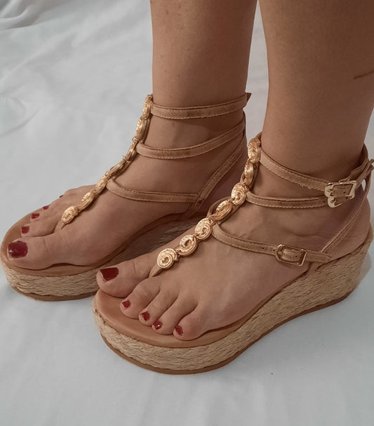 Beige Platform Leather Sandals – Handmade with Gold Spiral Detail