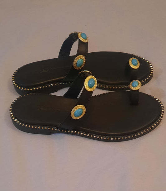 Black Leather Sandals with Turquoise Stones – Handmade Greek Sandals "Athena Blue"