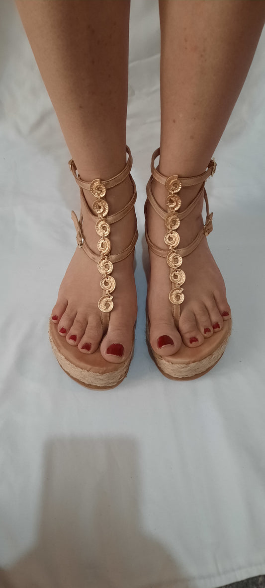 Beige Platform Leather Sandals – Handmade with Gold Spiral Detail