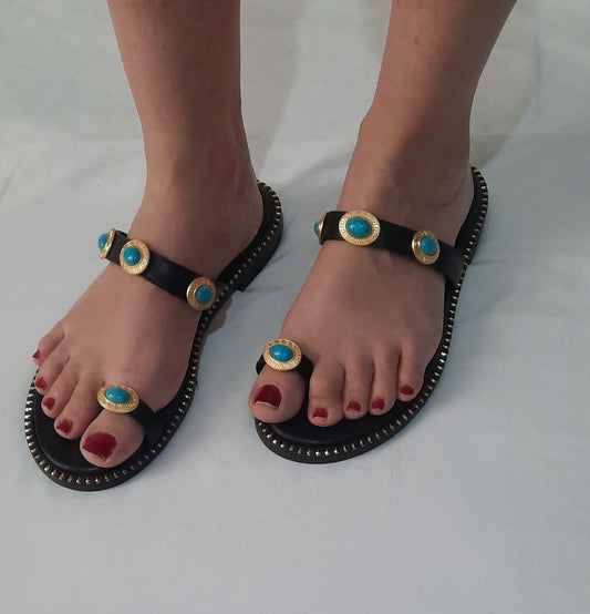 Black Leather Sandals with Turquoise Stones – Handmade Greek Sandals "Athena Blue"
